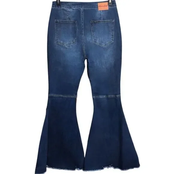 Dark Wash Distressed Knee Flare Jeans | High Rise Stretch | Raw Hem | NWT | 16 - Picture 9 of 14